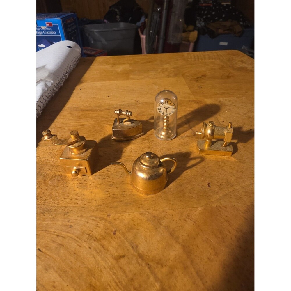 Miniature Brass Dollhouse Lot Tea Kettle Clock Sewing Mach Iron Coffee Grinder